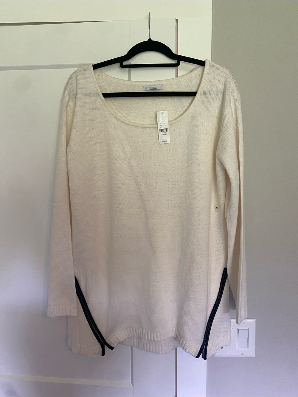 New York & Company Cream Scoop Neck Sweater with Black Side Zippers